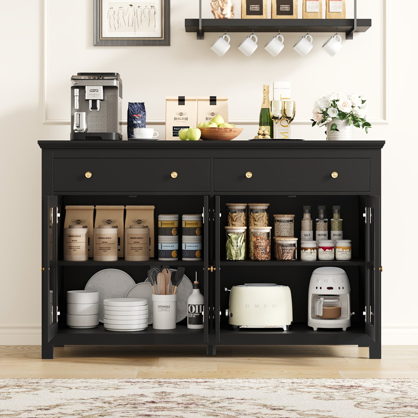 Keukenkast – Opbergkast – Sideboard – Buffetkast – Dressoir – Wit Houten Meubel – 3 Lades & 2 Deuren – Verstelbare Planken – Massief Hout