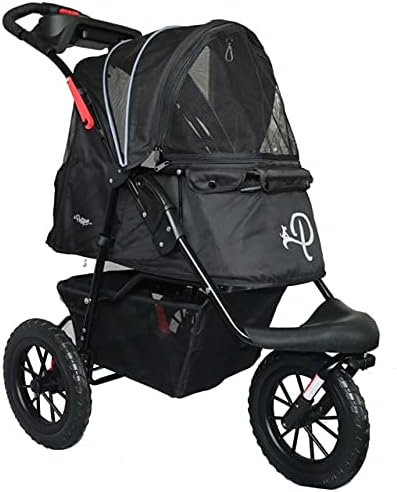 PETIQUE Chinook Zwart | Luxe hondenwandelwagen | Vouwen met één hand | 12" Eva-banden voor en achter voor extra comfort | Reflecterende binding | Houdt huisdier tot 23 kg | Dierendrager