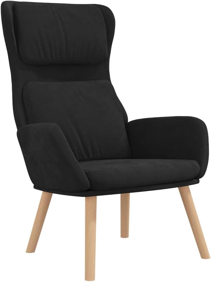 Zwarte Relaxstoel – Loungestoel – Fauteuil – Zitstoel – Comfortstoel – Zacht Fluweel – Metalen Frame & Houten Poten