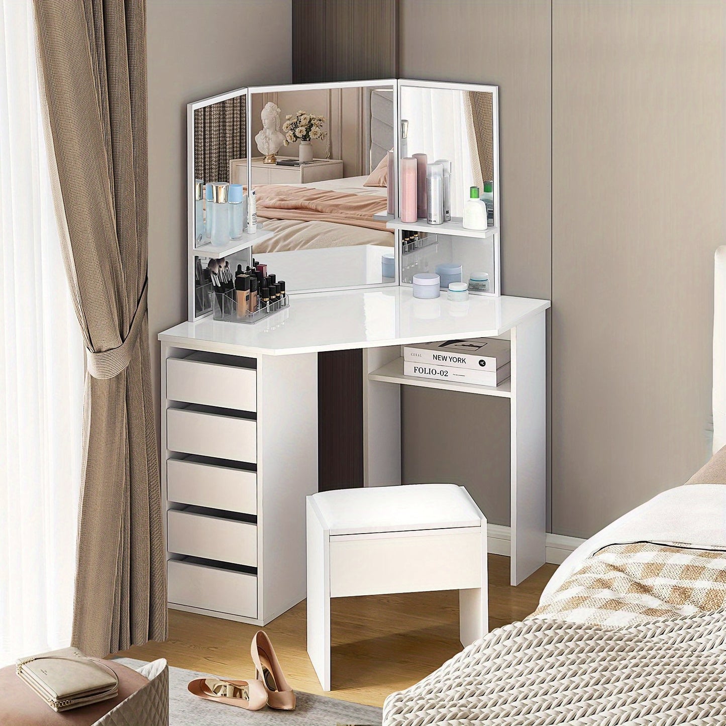 Hoek Make-uptafel – Make-uptafel – Kaptafel – Schminktafel – Toillet tafel – Wit Design – 5 Lades & 3 Spiegels – Inclusief Kruk
