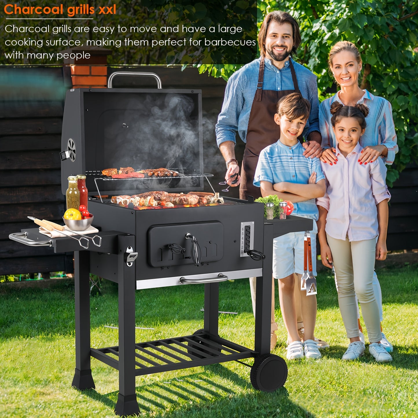 Houtskoolbarbecue – BBQ – Smoker – Kamado – Kogelbarbecue – Groot Grilloppervlak 54x41 cm – Met Deksel en Thermometer – Stevige Kar met Wieltjes – Metaal Grijs