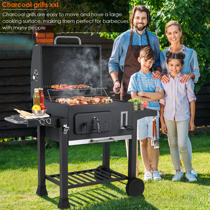 Houtskoolbarbecue – BBQ – Smoker – Kamado – Kogelbarbecue – Groot Grilloppervlak 54x41 cm – Met Deksel en Thermometer – Stevige Kar met Wieltjes – Metaal Grijs