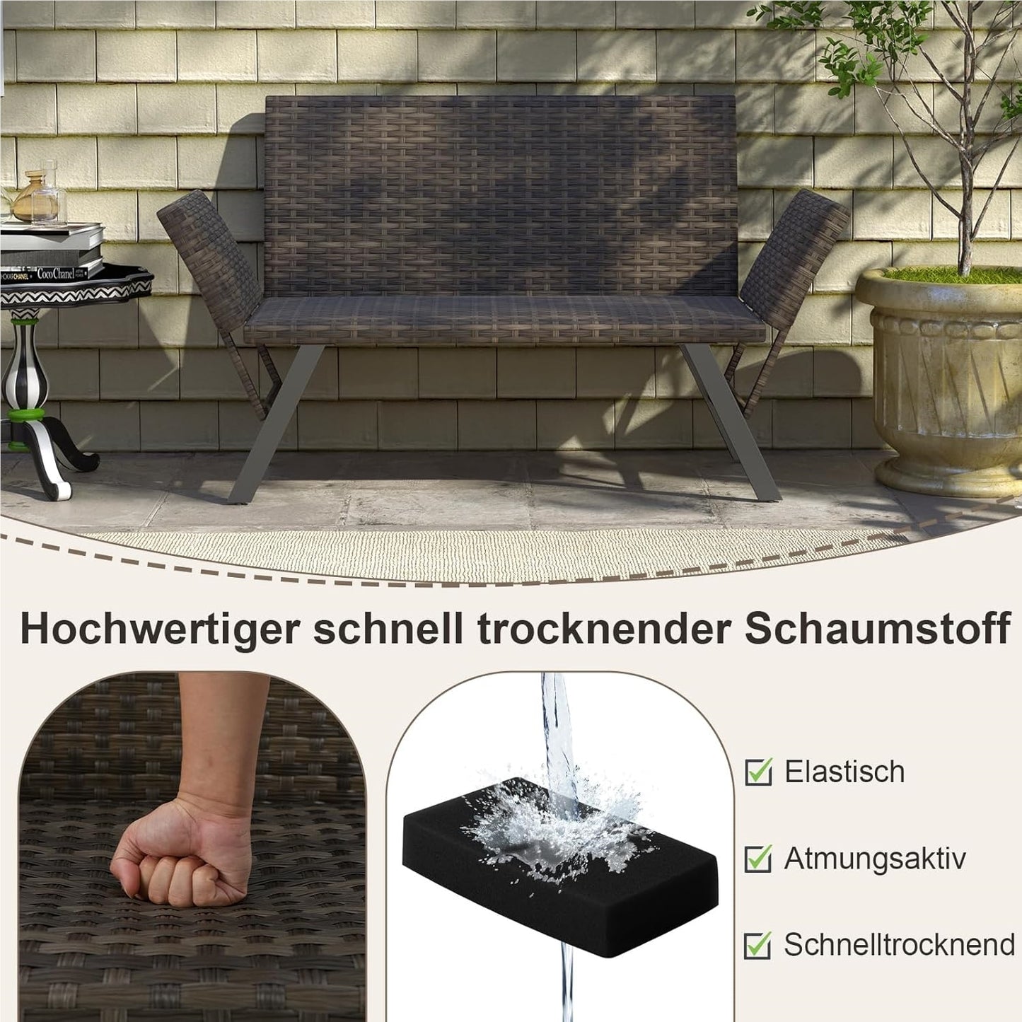 Polyrattan Tuinbank – Tuinbankje – Balkonbank – Buitenbank – Tuinbank Met Verstelbare Armleuningen – Met Sneldrogend Schuimkussen & Verstelbare Rugleuning – 178 x 59 x 89 cm – Grijs