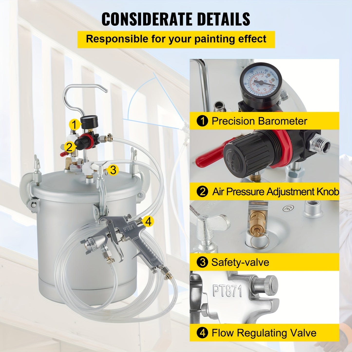Verfspuit – Verfpistool – Spuitpistool – Verfspuitsysteem – Verfpomp – Handheld – 10L Drukvat – Metalen Behuizing