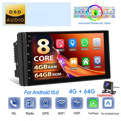 Autoradio – Multimedia Systeem – 2 DIN Radio – Auto Radio – Car Audio – 4+64GB – 7 Inch Touchscreen – Qualcomm Octa-core – Android 15 – Wireless CarPlay – Achteruitrijcamera