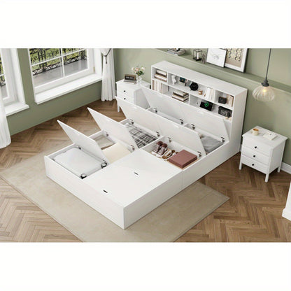 Opbergbed – Tweepersoonsbed – Bed met Opbergruimte – Massief Houten Bed – Functioneel Bed – Wit Design – 140x200 cm – Ruime Lade Onder Bed