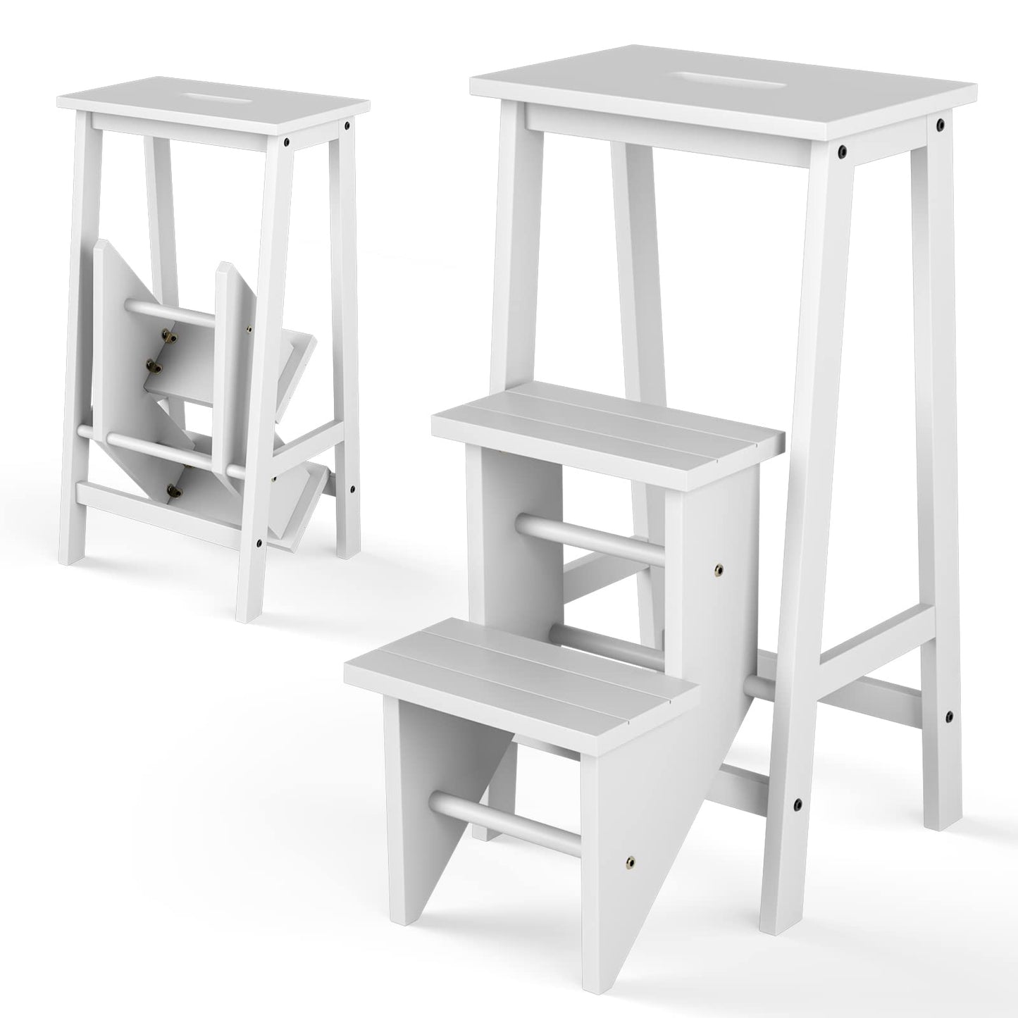 3-Traps Opvouwbare Kruk – Trapje – Kruk – Opbergrek – Ladder – Rubberhout – Antislip Treden – Compact Met Handvat
