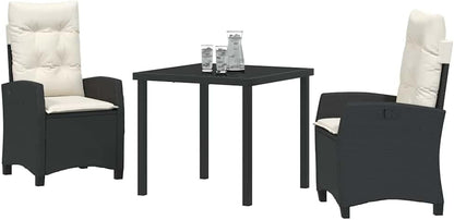 vidaXL Garden Dining Table Set with Cushion 3 pcs Black Poly Rattan, Elegant Garden Set, Modern Outdoor Furniture, Versatile Chairs, UV Resistant, Weatherproof Steel Frame - QUORE