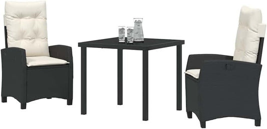 vidaXL Garden Dining Table Set with Cushion 3 pcs Black Poly Rattan, Elegant Garden Set, Modern Outdoor Furniture, Versatile Chairs, UV Resistant, Weatherproof Steel Frame - QUORE