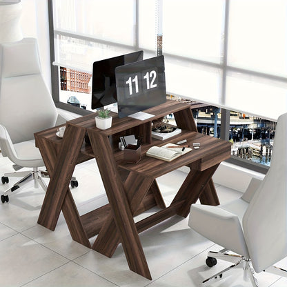 Bureau – Computerbureau – Schrijftafel – Werktafel – Laptoptafel – Compact – Walnoot Met Lade En Ergonomische Monitorverhoger