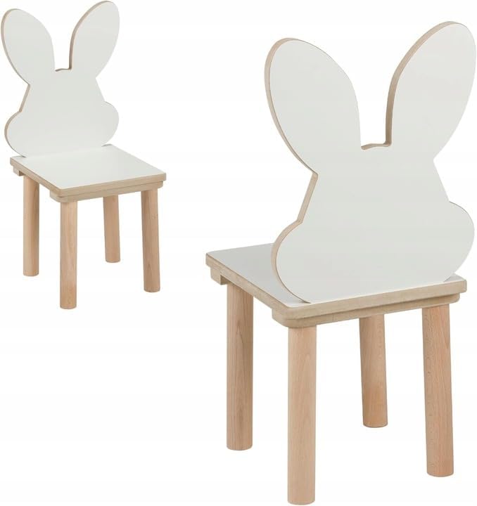 Kindertafel met 2 stoelen, set van 50 x 60 x 47 cm, van hout, beren- en konijnendesign, zitgroep kinderen, kinderkamermeubels