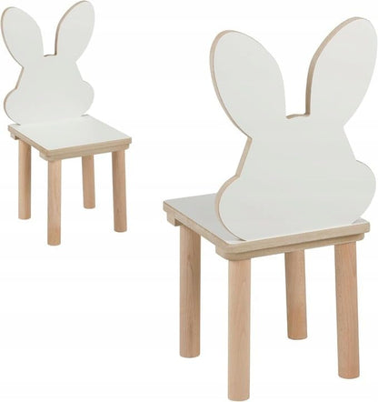 Kindertafel met 2 stoelen, set van 50 x 60 x 47 cm, van hout, beren- en konijnendesign, zitgroep kinderen, kinderkamermeubels