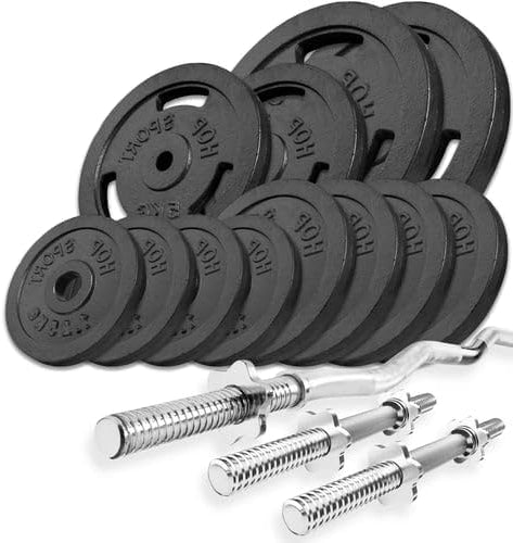 Hop-Sport Cast Iron Dumbbell Set with Curl Bar, Short Bars and Weights, 1 x Curl Bar, 2 x Short Dumbbells, Set 37 kg, 57 kg or 77 kg Choice of Colours - QUORE