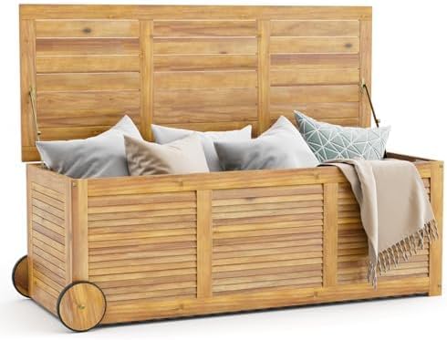 FANTASK Houten tuinbox, opbergbox met wieltjes, opbergdoos met waterdichte 2-in-1 afdekking en handvat, naturel