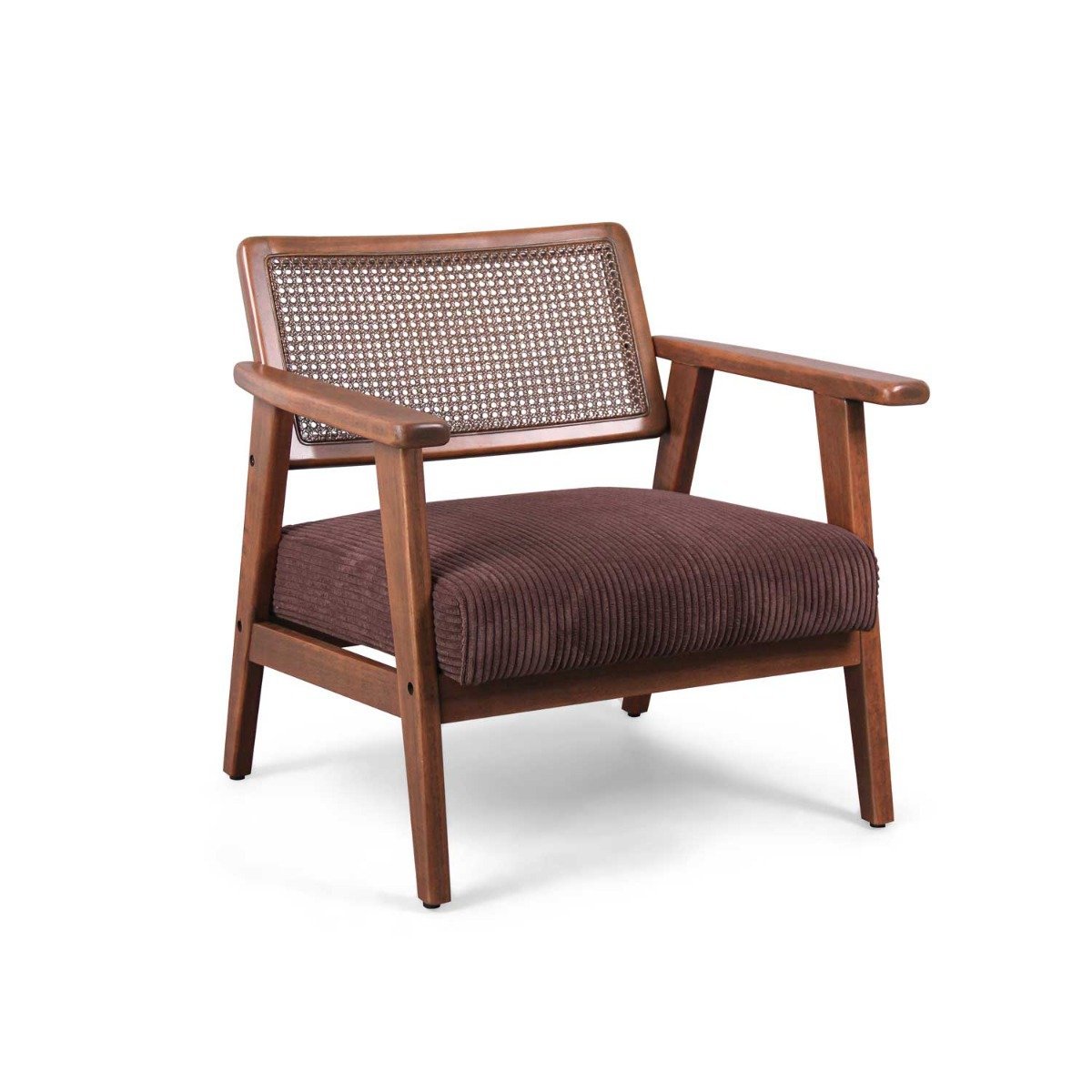Stoel – Fauteuil – Zithoekstoel – Leunstoel – Retrostoel – Massief Parawood Hout – Polyrattan Inleg – Geribd Velvet Zitkussen