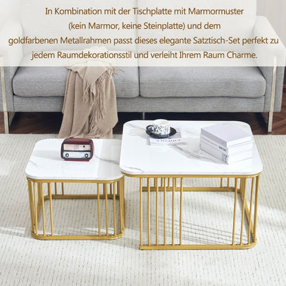 Nesting Salontafel Set – Bijzettafel – Tafelset – Woonkamertafel – Retro Tafels – Marmeren Blad – Goud Metalen Frame – Ruimtebesparend – Geen Montage