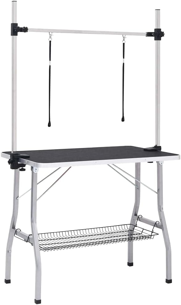 Dog grooming table adjustable with 2 loops and storage shelf