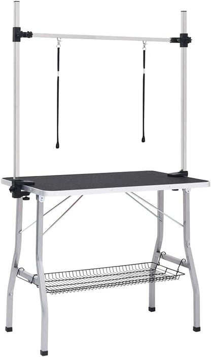 Dog grooming table adjustable with 2 loops and storage shelf