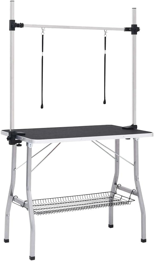 Dog grooming table adjustable with 2 loops and storage shelf