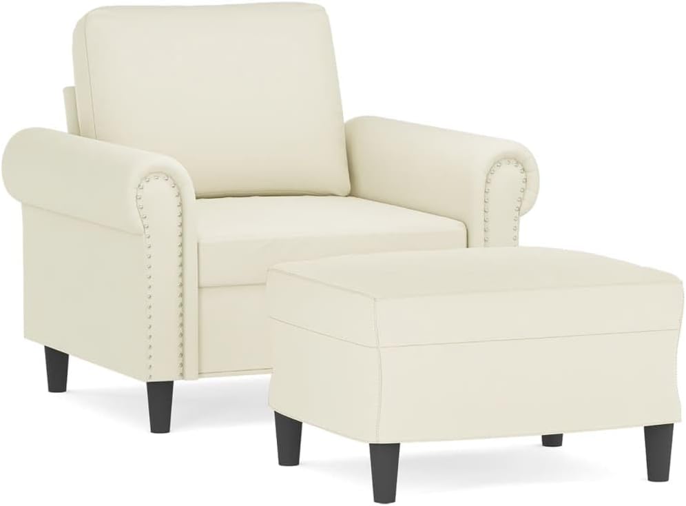 Fauteuil met Kruk – Loungestoel – Moderne Stoel – Armleuningstoel – Leesstoel – Crème Fluweel – Comfortabele Zitting – Stevig Frame