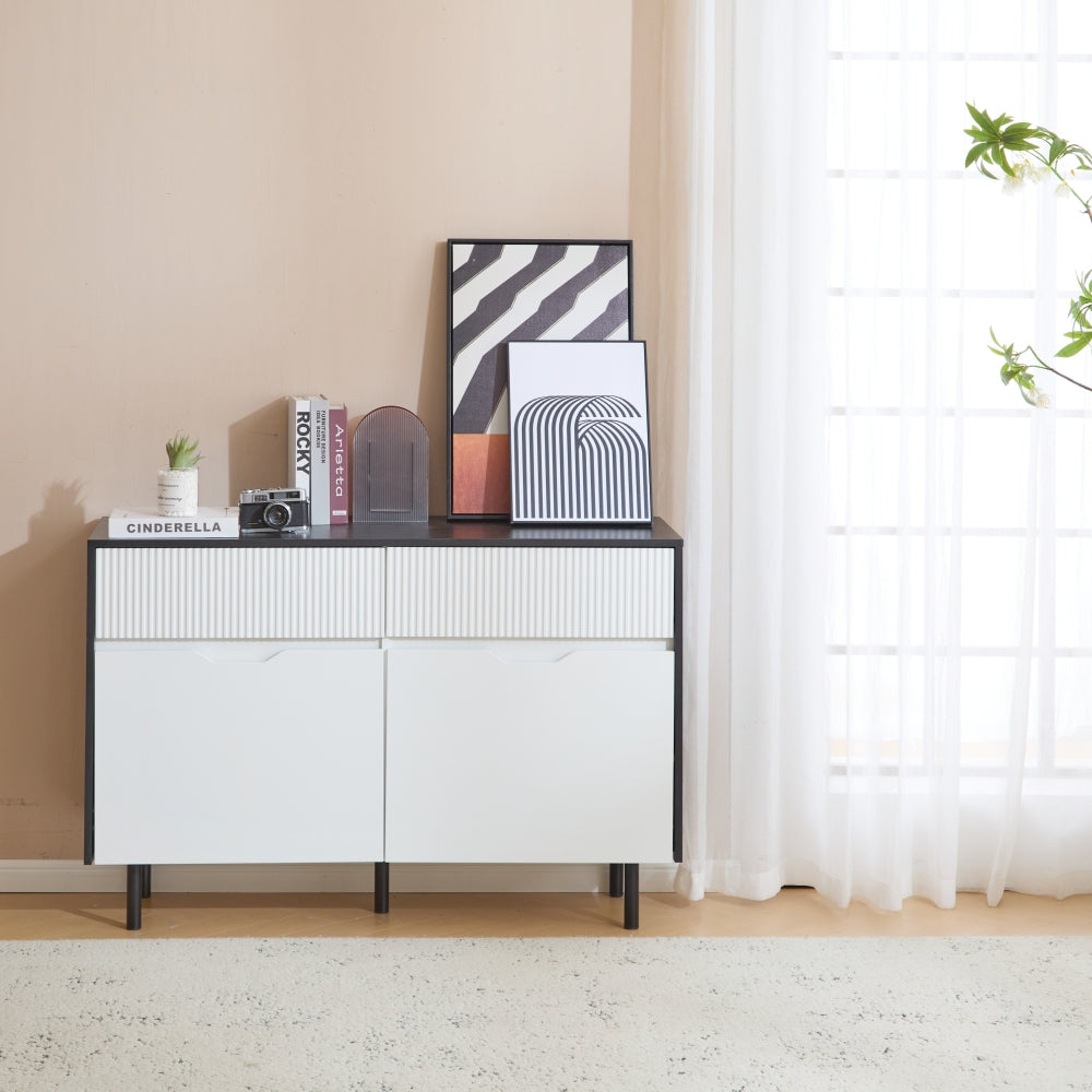120cm/47-inch Modern White & Black Metal Storage Cabinet with Slotted Drawers & Adjustable Shelves - Heavy-Duty Freestanding 2-Door Hallway, Kitchen, Living Room, Dining Room Organizer - Easy Assembly (Non-Wood) Tall Shelving