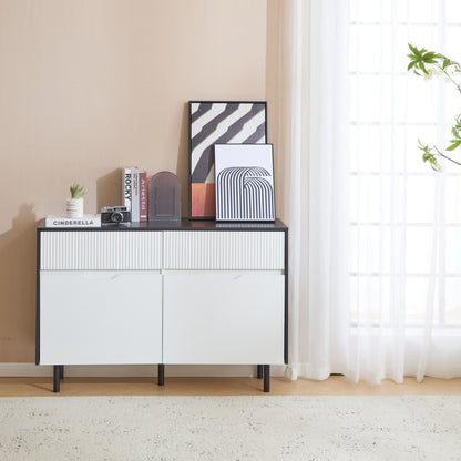 120cm/47-inch Modern White & Black Metal Storage Cabinet with Slotted Drawers & Adjustable Shelves - Heavy-Duty Freestanding 2-Door Hallway, Kitchen, Living Room, Dining Room Organizer - Easy Assembly (Non-Wood) Tall Shelving