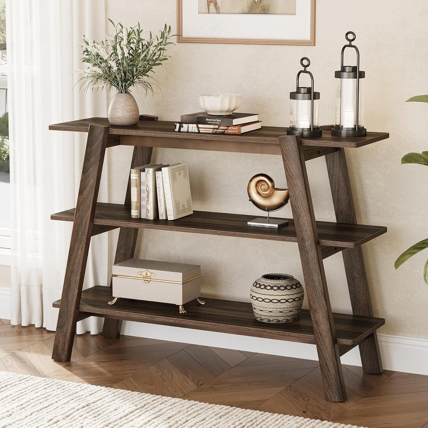 Sidetable – Consoletafel – Wandtafel – Haltafel – Sofa tafel – Smal ontwerp met 3 open planken – Duurzaam houtlook materiaal
