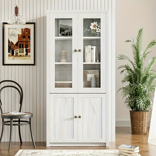 Vitrinekast – Glazen Kast – Opbergkast – Vakkenkast – Showkast – Wit – 80x34x171 cm – Twee Glazen Deuren & Twee Houten Deuren Met Messing Handgrepen