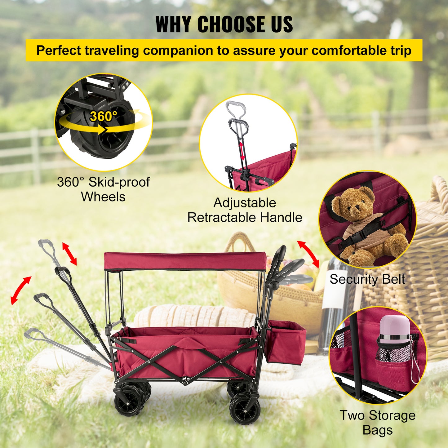 Bolderkar – Opvouwbare Kar – Transportkar – Vouwwagen – Strandwagen – Stevig Stalen Frame – Afneembare Waterafstotende Kap – Extra Grote Laadruimte – 360° Zwenkwielen – Rood
