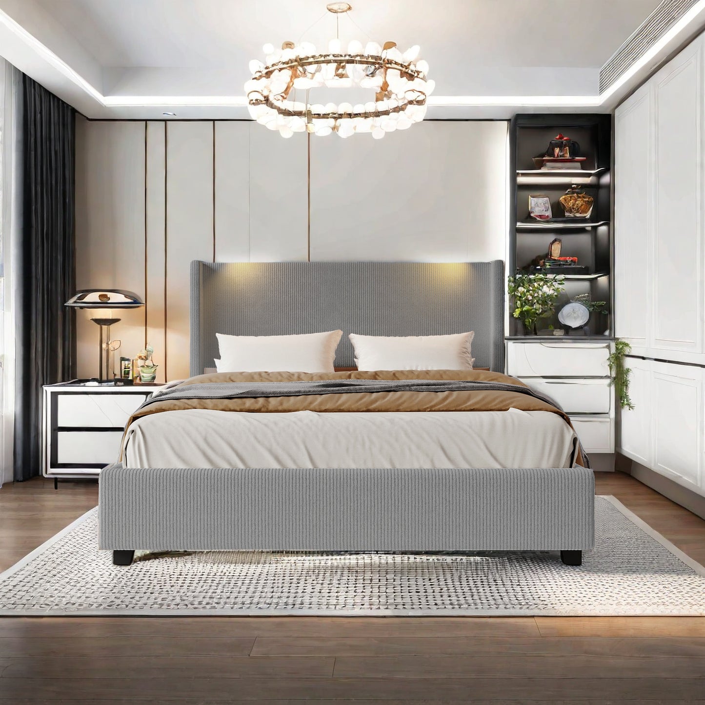 Opbergbed – Opbergbedden – Bed met Opbergruimte – Gestoffeerd Bed – Tweepersoonsbed – Hydraulisch Gasveer Mechanisme – LED-Verlichting en USB Oplaadfunctie – Fluwelen Bekleding en Metalen Frame
