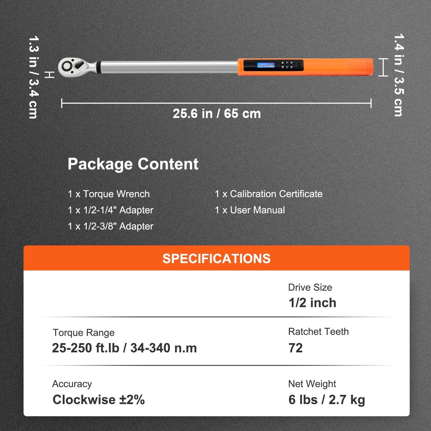 Digitale Momentsleutel 1/2" – Elektronische Momentsleutel – Torque Wrench – Koppelmeter – Momentsleutel Set – Nauwkeurig ±2% – Koppelbereik 34-340 Nm met LED Display
