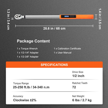 Digitale Momentsleutel 1/2" – Elektronische Momentsleutel – Torque Wrench – Koppelmeter – Momentsleutel Set – Nauwkeurig ±2% – Koppelbereik 34-340 Nm met LED Display