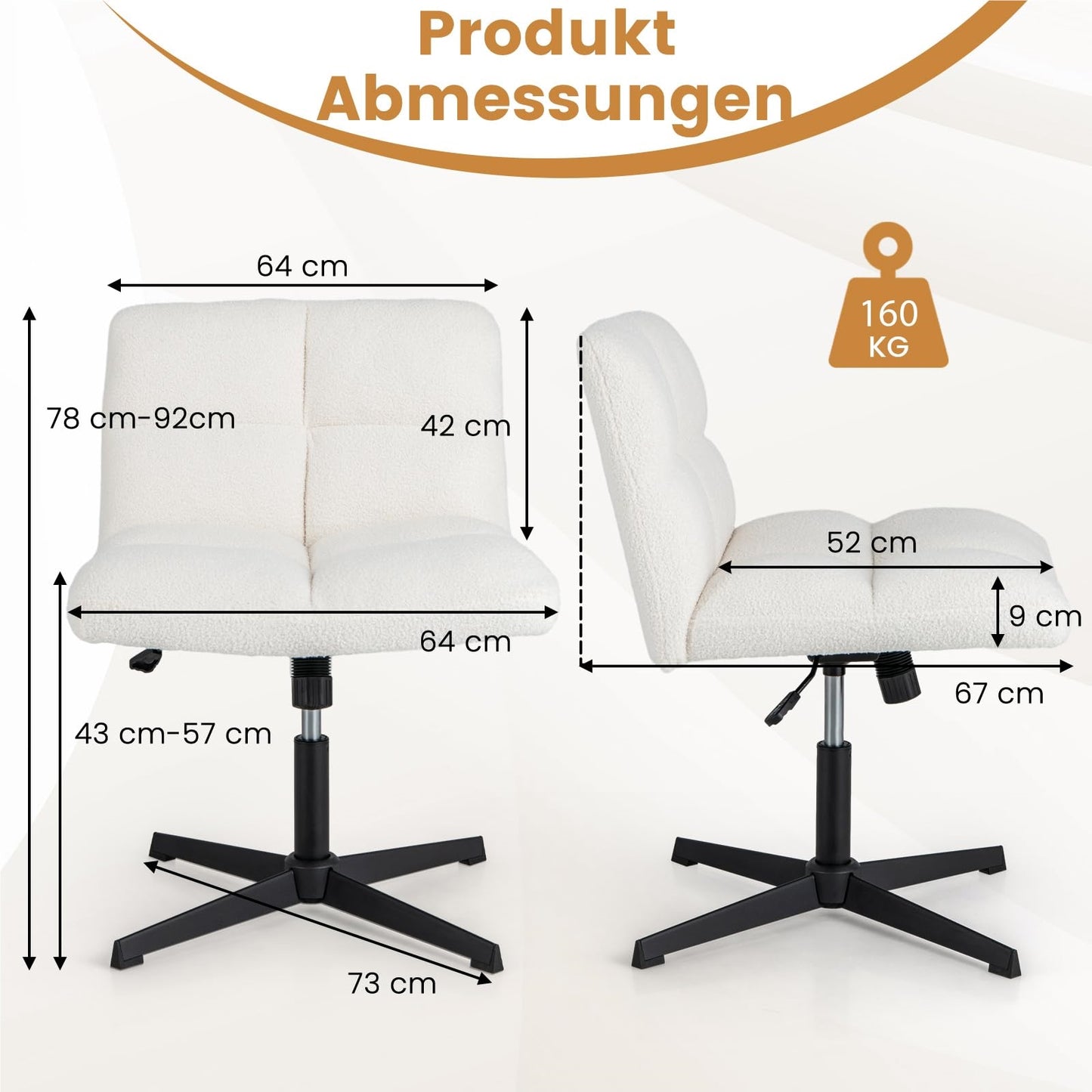 Bureaustoel – Office Chair – Werkstoel – Studeerstoel – Make-up Stoel – Verstelbare Zithoogte – Schommelingsfunctie – Beige – Armless – Comfortabel Schuim
