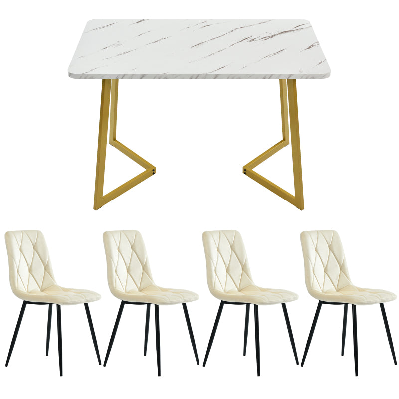 Eettafelset – Tafel met Stoelen – Eettafel en Stoelenset – Diningset – Beige Velvet Stoelen – 117×68×75 cm MDF Marmerlook Tafel – Gouden Metalen Poten