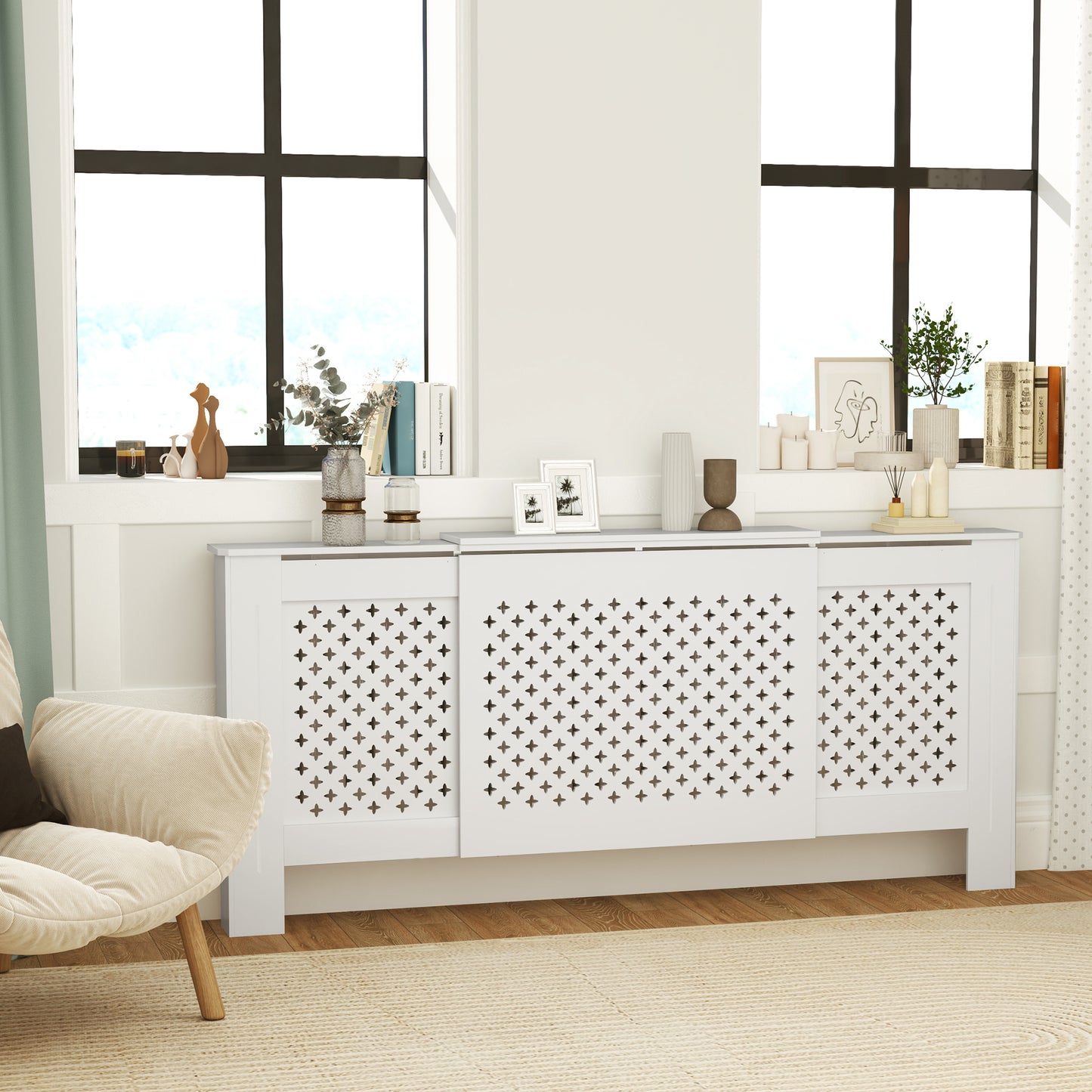 Radiatorombouw – Radiatorbekleding – Radiatorafdekking – Verwarmingsombouw – Radiatoromkasting – Verstelbaar 136-200 cm – MDF Wit met Honingraatpatroon