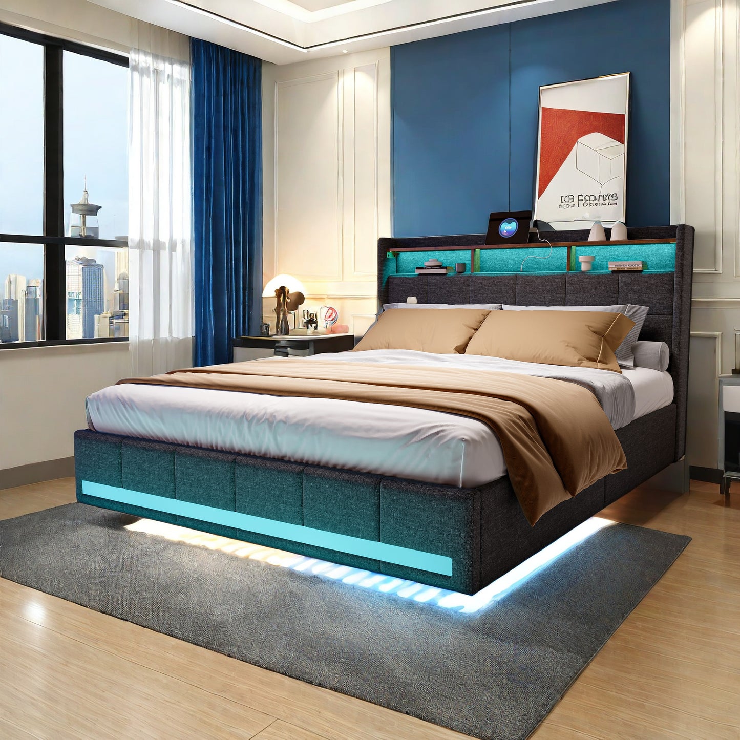Tweepersoonsbed – Bedframe – Opbergbed – Bed Met Lades – Led Bed – 160x200 cm – Linnen Bekleding – Usb Oplaadpoort