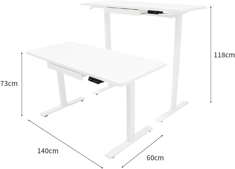 Electric Standing Desk 140 x 60cm White Height Adjustable Ergonomic Sit-to-Stand Computer Workstation Built-in Drawer USB A&C Charging Cable Pocket Hook Office Table Timer Smart Control Panel - QUORE