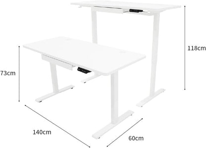 Electric Standing Desk 140 x 60cm White Height Adjustable Ergonomic Sit-to-Stand Computer Workstation Built-in Drawer USB A&C Charging Cable Pocket Hook Office Table Timer Smart Control Panel - QUORE