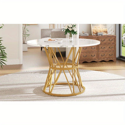 Modern Round Dining Table with Marble Look Top & Golden Metal Legs - White & Golden Marble Pattern Kitchen Table, Space-Saving 100cm Round Table for Small Spaces, Sturdy MDF-Free Metal Base, Easy-Clean Surface, Classic Contem