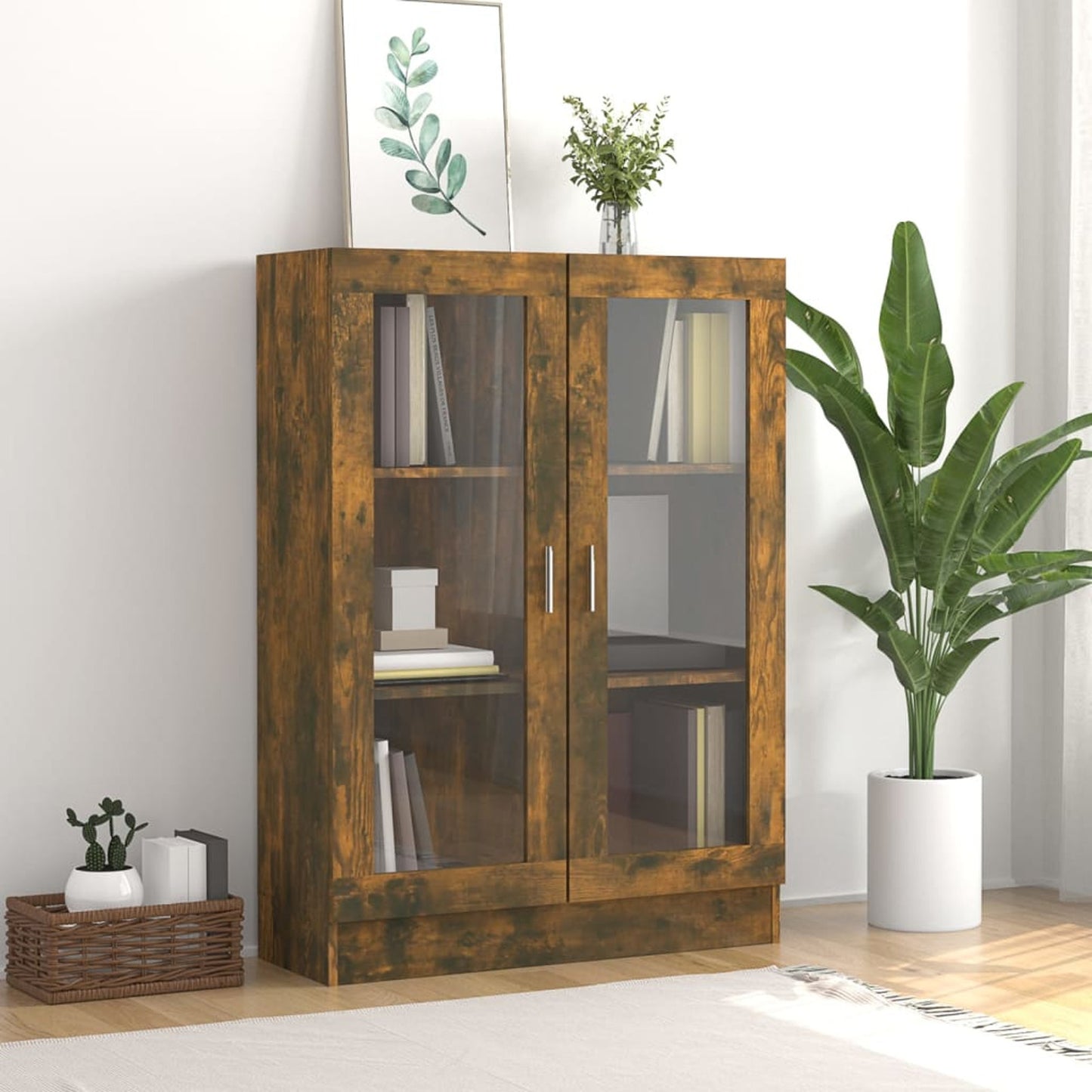 Vitrinekast – Vitrine – Glazen Kast – Opbergkast – Wandkast – Smoke Oak – 82,5x30,5x115 cm – Ge-engineerd Hout