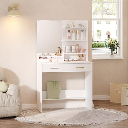 Kaptafel – Make-up Tafel – Schminktisch – Vanity Table – Dressing Table – Wit Met Spiegel – 4 Open Schappen & 2 Lades