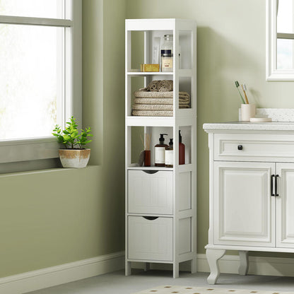 Compact MDF Freestanding Bathroom Shelf with 2 Drawers & 3 Open Shelves - Space-Saving Modern Bathroom Cabinet with Black Knobs, Moisture-Resistant Storage Organizer for Small Bathrooms, No Installation Required, Sturdy MDF C