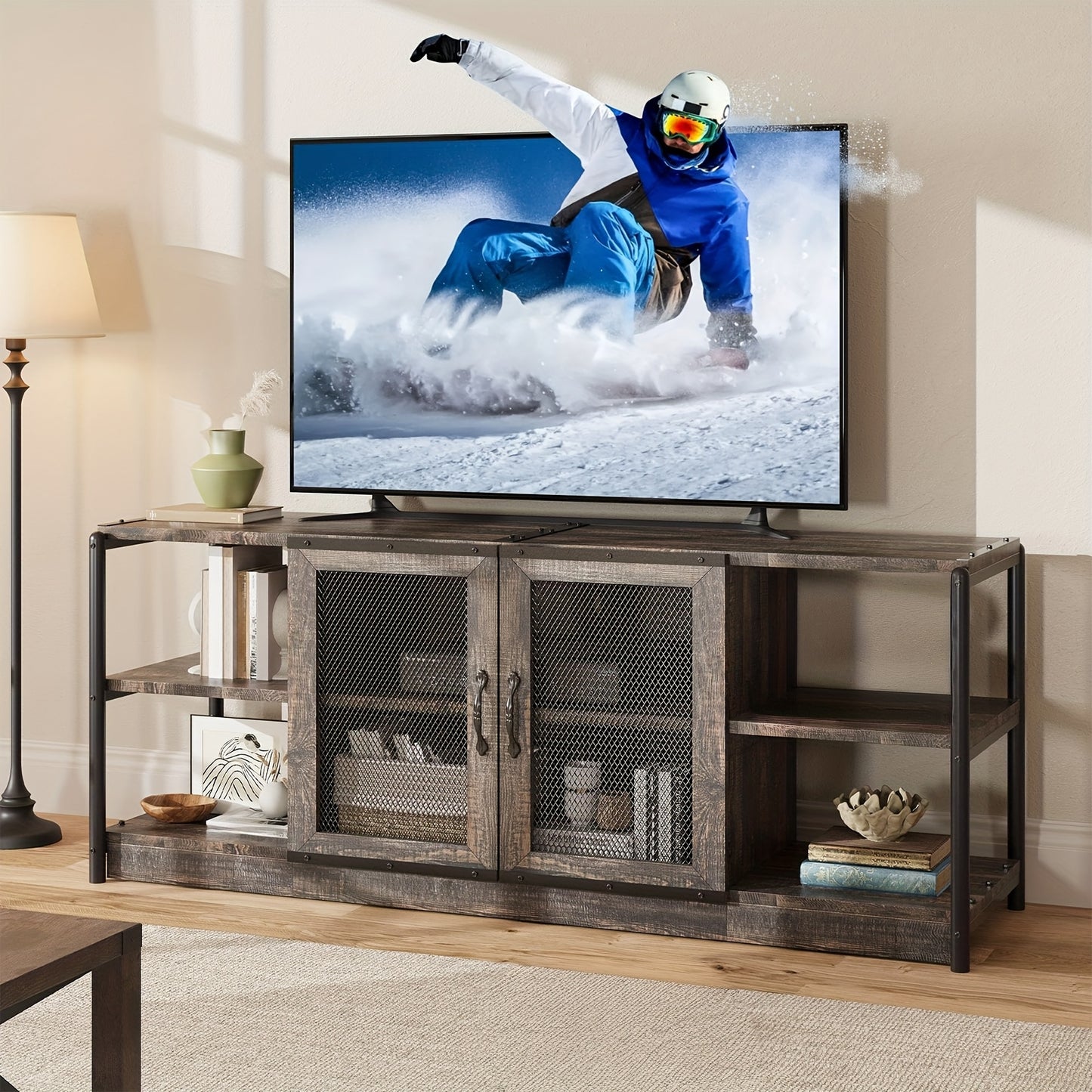 Heavy-Duty TV Stand for 65+ Inch TVs - Farmhouse Industrial Media Console with Storage Cabinet, Mesh Doors - Rustic Oak Entertainment Center - Sturdy Hardwood Construction - Living Room Furniture for Modern, Farmhouse, Apartm