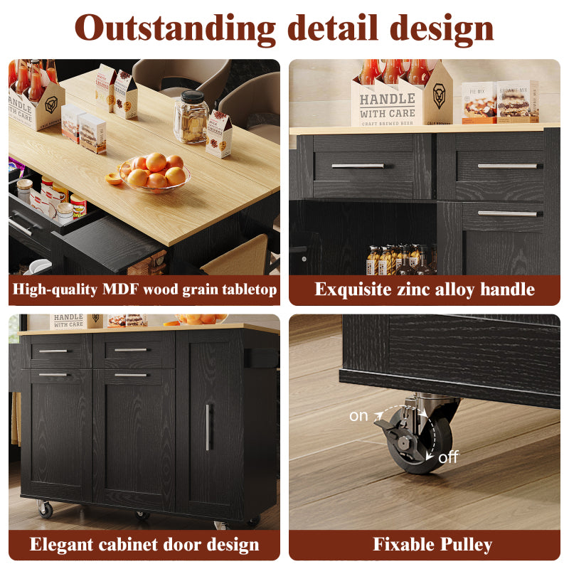 Modern Kitchen Island, Kitchen Cabinet, Buffet Cabinet, Dining Cart with Wood Veneer, Multifunctional Dining Table with Storage Space, Dining Cart with Snack Shelves And Stretch Function Cabinets, Black.
