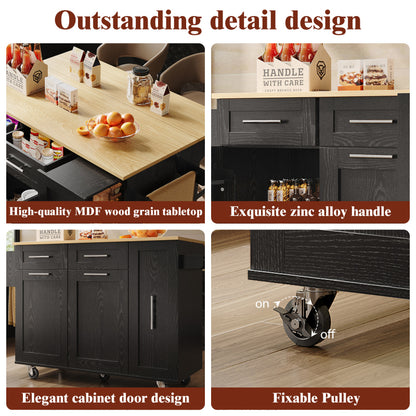 Modern Kitchen Island, Kitchen Cabinet, Buffet Cabinet, Dining Cart with Wood Veneer, Multifunctional Dining Table with Storage Space, Dining Cart with Snack Shelves And Stretch Function Cabinets, Black.
