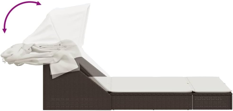 Double lounger with retractable canopy and brown PE rattan cushion for outdoor use, backrest adjustable, 2 positions, removable cushion, material resistant to - QUORE