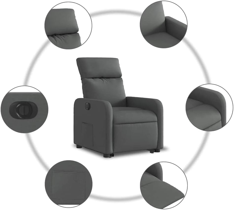 Relaxstoel Met opstahulp – Elektrische Relaxstoel – TV-stoel – Ligstoel – Elektrische Relaxfauteuil – Donkergrijs – Ademend Stof – Elektrisch Kantelsysteem tot 135°