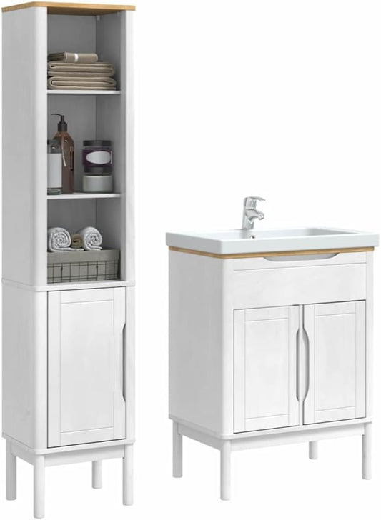 vidaXL Bathroom Furniture Set with Shelf 2 pcs White Solid Spruce Wood, Bathroom Organizer Set, Rectangular, Modern Design, Sturdy Home Dépôt, Bath Furniture Solutions - QUORE