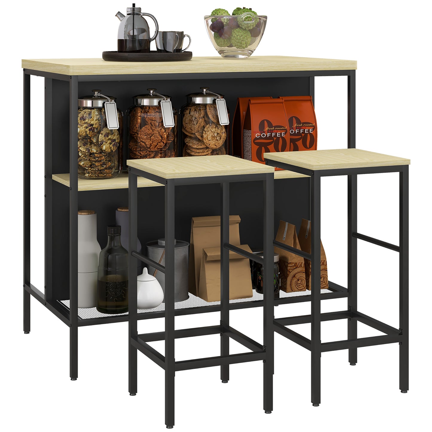 Industrieel Barmeubel – Barset – Bartafel – Barstoel – Barkruk – Compact 100x60x95 cm – Zwart Metalen Frame & Houtlook