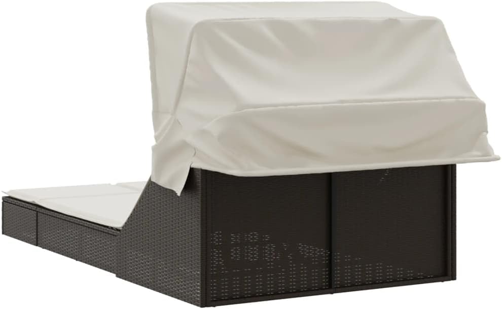 Double lounger with retractable canopy and brown PE rattan cushion for outdoor use, backrest adjustable, 2 positions, removable cushion, material resistant to - QUORE